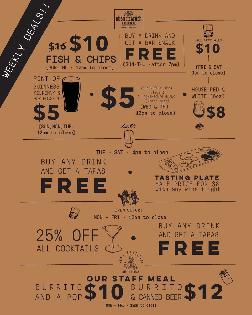 openoutcryca's tweet photo. Employee Pricing’s deals are running until July 29th!! Our HHG team, @theirishheather @salttastingroom @openoutcryca @sanpatburritos have loads to offer!!!

#employeepricing #cocktails #drinks #yvreats #yvrdrinks #vancity #vancouverfoodie #vanfoodie #yvrfoodie https://t.co/C07buRR82L