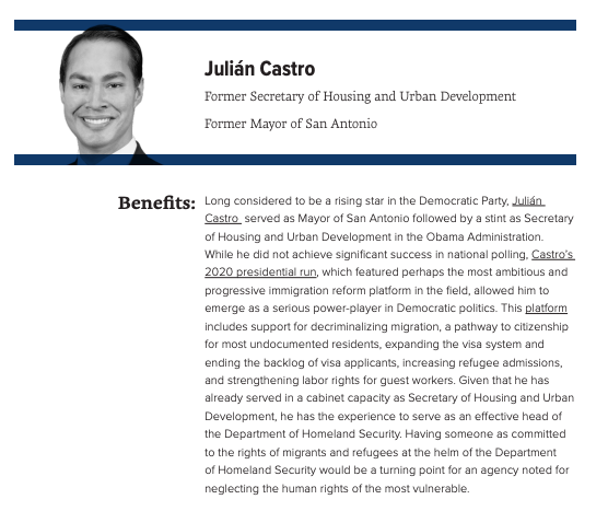 Data for Progress recommends that former Asst. AG for Civil Rights  @VanitaGuptaCR, former HUD Secretary  @JulianCastro, Oregon Senator  @RonWyden, and Rep.  @PramilaJayapal be considered for the position of Secretary of Homeland Security.