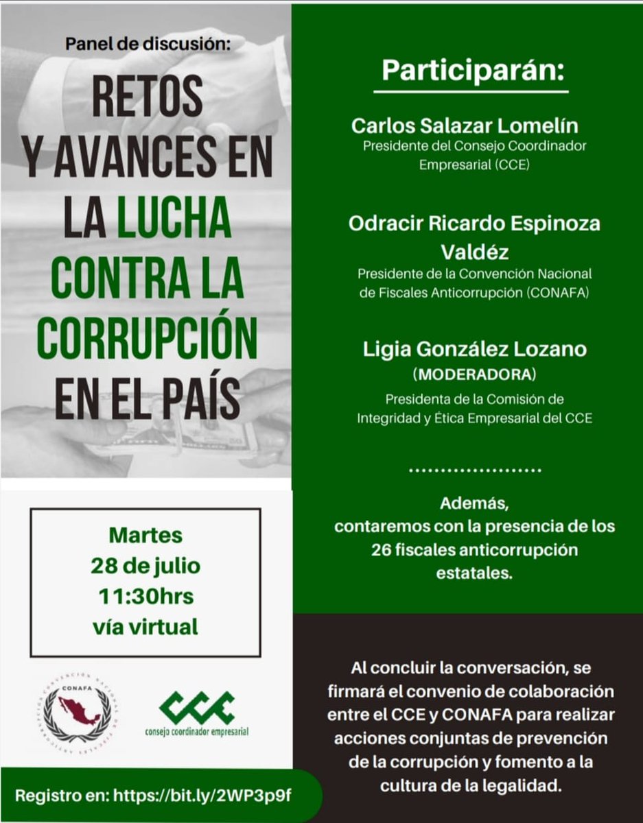 El Consejo Coordinador Empresarial (CCE) y la  CONAFA presentan el panel de discusión: ⁣⁣⁣⁣ “𝐑𝐞𝐭𝐨𝐬 𝐲 𝐚𝐯𝐚𝐧𝐜𝐞𝐬 𝐞𝐧 𝐥𝐚 𝐥𝐮𝐜𝐡𝐚 𝐜𝐨𝐧𝐭𝐫𝐚 𝐥𝐚 𝐜𝐨𝐫𝐫𝐮𝐩𝐜𝐢𝐨́𝐧 𝐞𝐧 𝐞𝐥 𝐩𝐚𝐢́𝐬”.⁣⁣⁣⁣
⁣⁣⁣⁣
Registrate: bit.ly/2WP3p9f