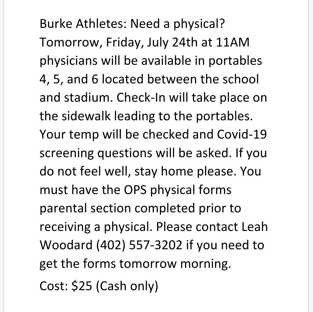 Burke Athletes that need a physical please consider the option below.