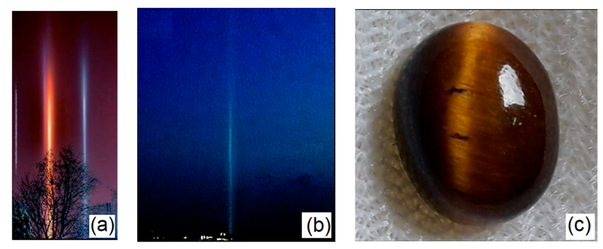 Albertotufaile's tweet photo. Pillars and chatoyancy: views of light pillars, during the day, there are sun pillars; (c) a gem with a light stripe know as catโs eye. In both cases, there is a structured material reflecting the light to the viewer.#lightpillar #chatoyance https://t.co/j9lFqefpHH