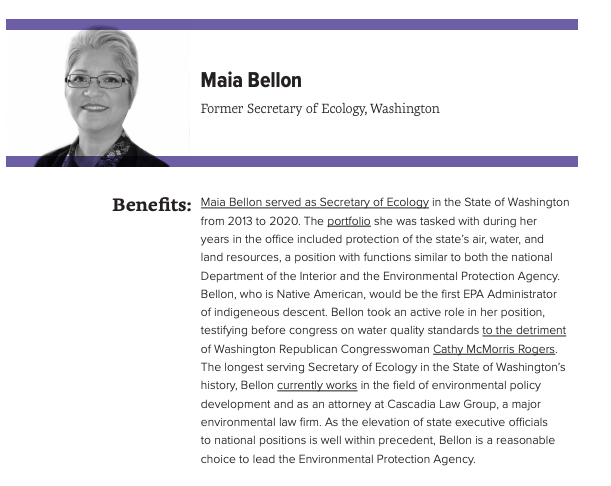 For the position of EPA Administrator, Data for Progress recommends that former WA Secretary of Ecology  @MaiaBellon, former SE Regional EPA Administrator  @HeatherMcTeer, CA Air Resources Board chair  @MaryNicholsCA, trailblazing  @RepAOC, and Governor  @JayInslee be considered