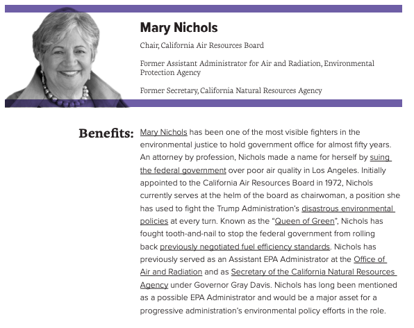 For the position of EPA Administrator, Data for Progress recommends that former WA Secretary of Ecology  @MaiaBellon, former SE Regional EPA Administrator  @HeatherMcTeer, CA Air Resources Board chair  @MaryNicholsCA, trailblazing  @RepAOC, and Governor  @JayInslee be considered