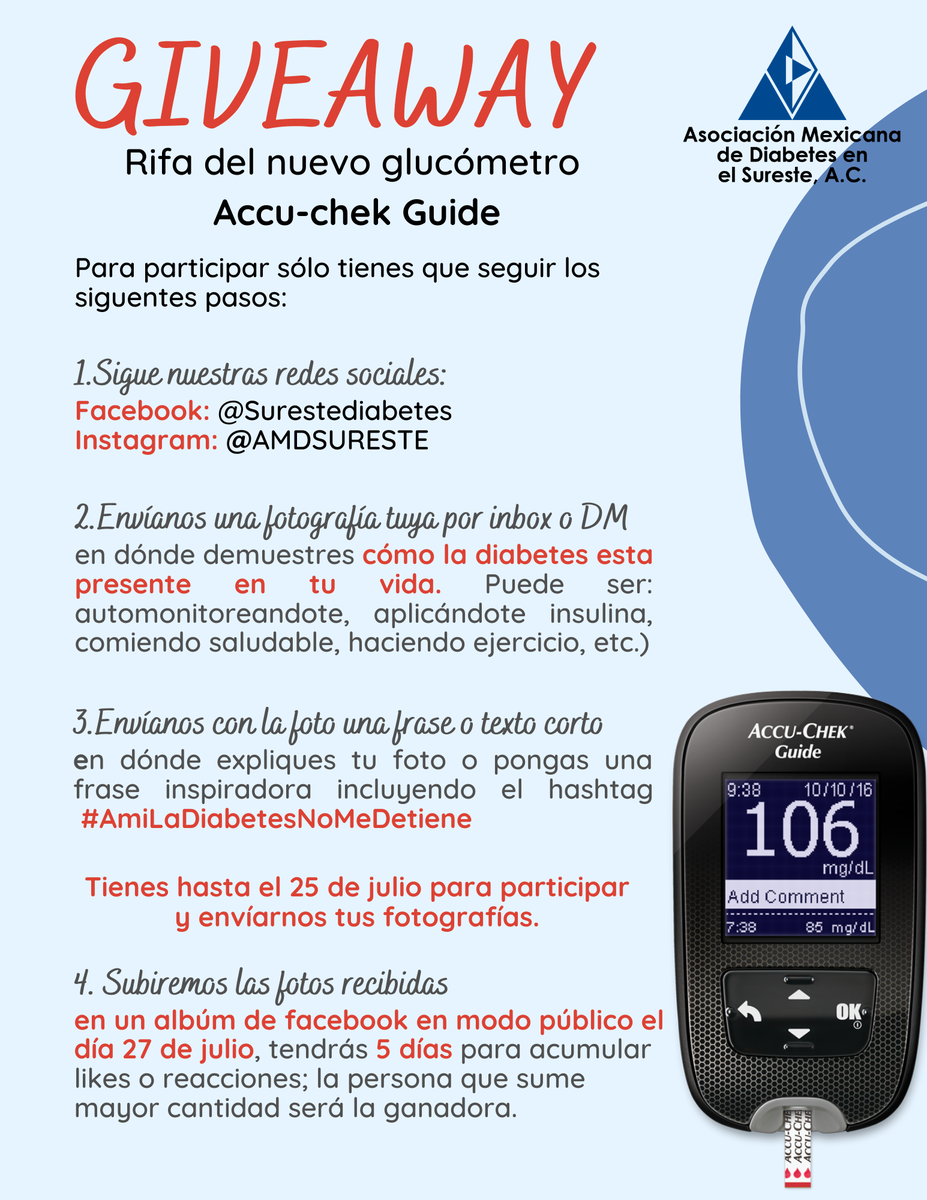AMD_Sureste's tweet photo. AÚN ESTÁS A TIEMPO PARA MANDAR TUS FOTOS 
 Y PARTICIPAR EN ESTA DINÁMICA! Tienes hasta el #25deJulio para participar #TodoMéxicoParticipa #AmiLaDiabetesNoMeDetiene #AMDSureste #DiabetesTipo1 #DiabetesTipo2 #giveaway #sorteo #AccuChek https://t.co/FTWFn8tOgY
