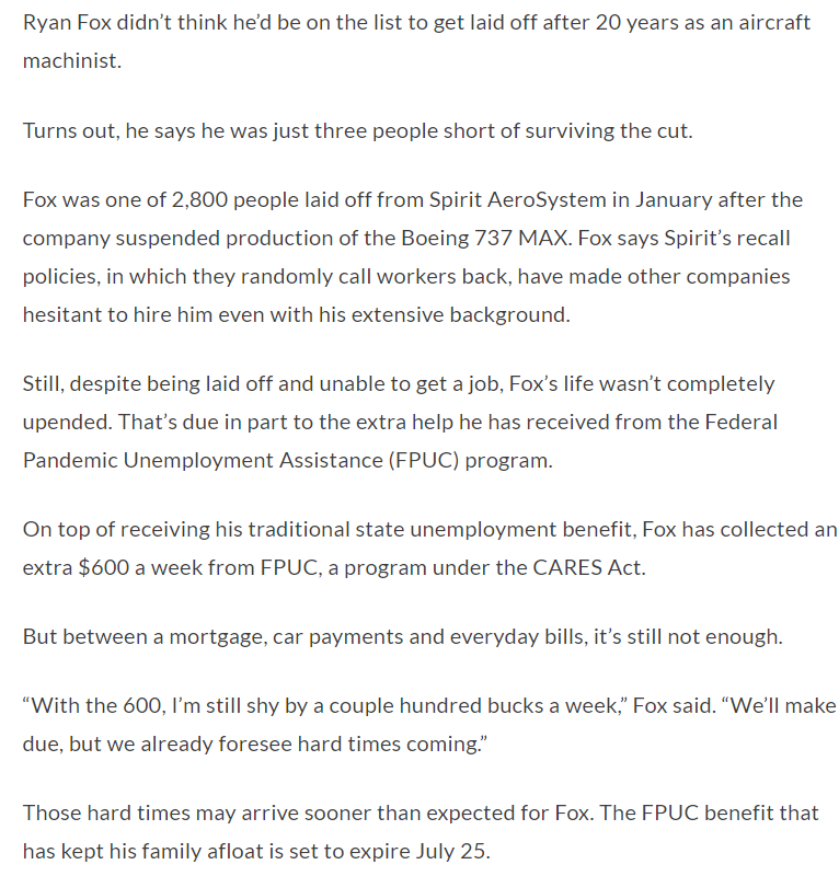 "Jobless Kansans Foresee Harder Times Ahead As Federal Aid Nears An End" https://www.kmuw.org/post/jobless-kansans-foresee-harder-times-ahead-federal-aid-nears-endAn estimated 118,000 workers in Kansas are set to lose over 55% of their weekly income at the beginning of August.Ryan Fox is one of them: