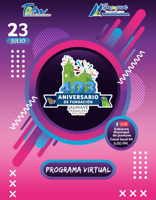 NoresteDigital's tweet photo. El @gobjau Invita:
Hoy #23dejulio a disfrutar del Programa virtual en el marco del #403Aniversario de la Fundación de #Jaumave, #Tamaulipas, desde la comodidad de tu casa a través de
Facebook Live. ¡No te lo pierdas!
#TiempoDeMejorar💙🌳#GobTam #GobJau #CdVictoria #Tampico https://t.co/car94wZSUt