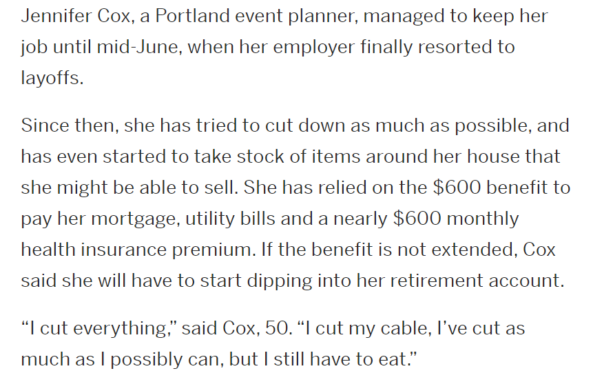 "Unemployed Oregonians worry about survival with $600 federal unemployment benefit set to expire" https://www.oregonlive.com/coronavirus/2020/07/unemployed-oregonians-worry-about-survival-with-600-federal-unemployment-benefit-set-to-expire.html340,000 workers in Oregon are set to lose nearly half of their weekly income at the beginning of August, including Jennifer Cox: