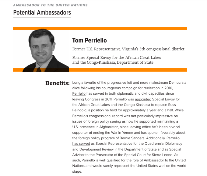 For the position of Ambassador to the UN, Data for Progress recommends former Rep. and Ambassador  @TomPerriello, former DoS Policy Planning Staff member  @NATSECHeather,  @CIPolicy President and ex-UN Advisor  @SalihBooker, and Rep. and Foreign Affairs Committee member  @IlhanMN.