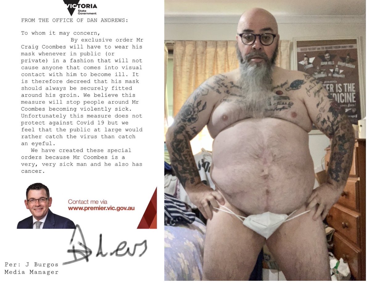 bigcoombesy's tweet photo. With thanks to a Mr J Burgos and Uncle Dan Andrews The Premier of Victoria.
Have mask, have permit, will wear mask! #TheMaskedDinger #coverup https://t.co/GqxT4qnK1v