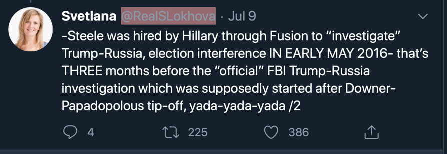 In this tweet by  @RealSLokhova she points out that in his London defamation case, it came out Steele was hired in early May,Tweet >  https://twitter.com/RealSLokhova/status/1281394193483661312?s=20
