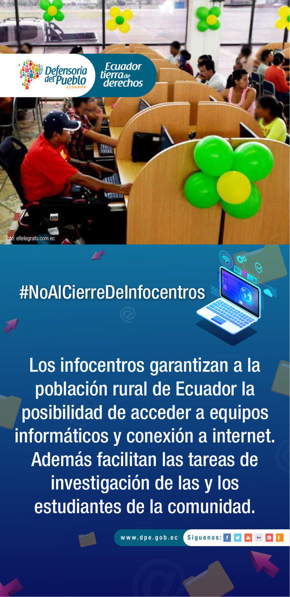 DEFENSORIAEC's tweet photo. El cierre de los #Infocentros en el país constituye una clara vulneración a los #Derechos de las personas de las zonas rurales, su acceso a la educación, trabajo y otros beneficios que brindan estos centros. Como #DefensoríaDelPueblo decimos #NoAlCierreDeInfocentros. https://t.co/zAMiKpsB8l