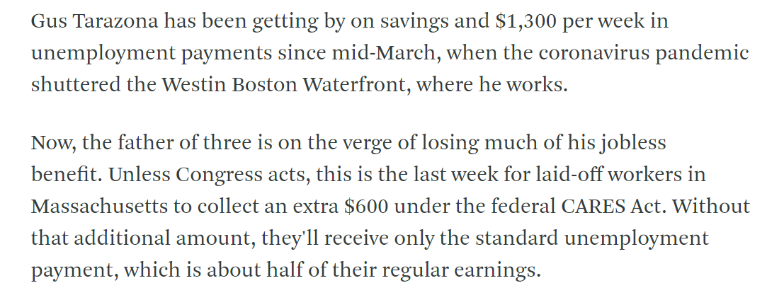 WBUR Boston: "'We're Going To Have To Pray': The Extra $600 Unemployment Benefit Is About To Run Out"  https://www.wbur.org/bostonomix/2020/07/20/hotel-workers-unemployment-stimulusNearly 900,000 workers in Massachusetts are set to lose a third or more of their weekly income at the beginning of August, including Gus Tarzona: