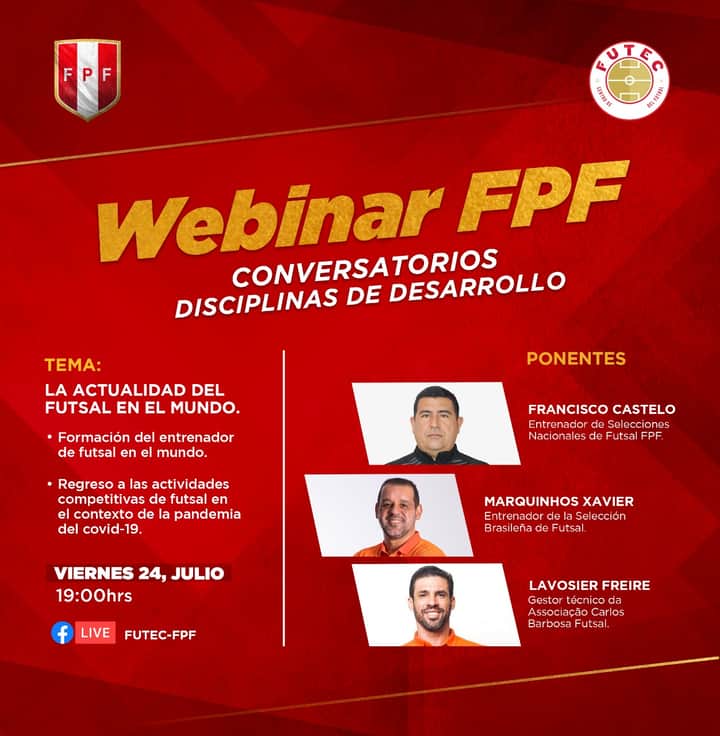 FpfFutsal's tweet photo. ¡Imperdible! 🔥 ⚽

Este viernes, desde las 19:00 horas, conéctate al conversatorio sobre 'La actualidad del futsal en el mundo' dictado por los directores técnicos de la selecciones de futsal de Perú 🇵🇪 y Brasil 🇧🇷 y el gestor técnico de @acbf. https://t.co/dUEIdAQ3Z7