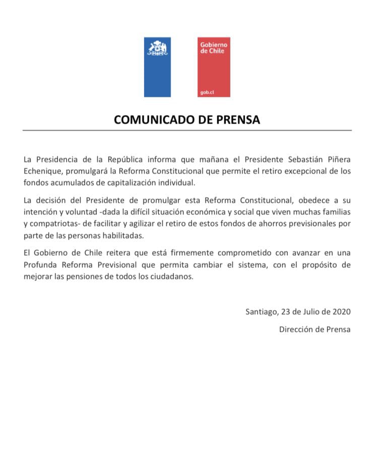 sitiodelsuceso's tweet photo. Presidente Piñera promulgará mañana retiro del 10% #Comenta #Comparte https://t.co/gMHL3ObfU6