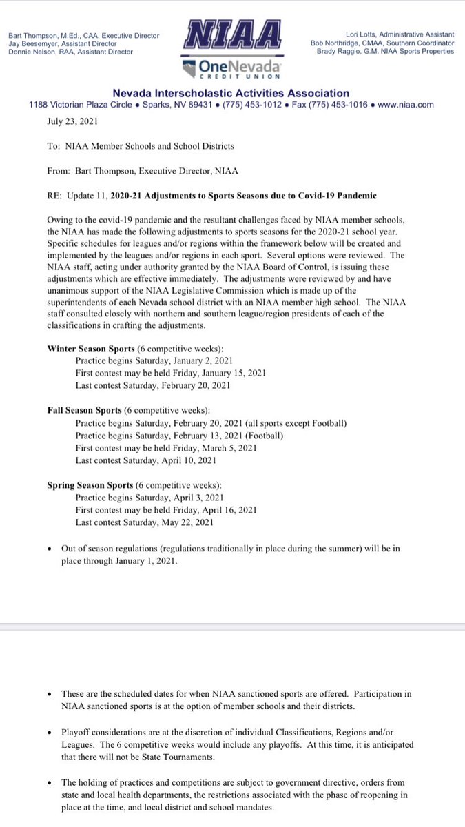 NIAA Statement regarding 2020-21 Adjustments to Sports Seasons due to Covid-19 Pandemic