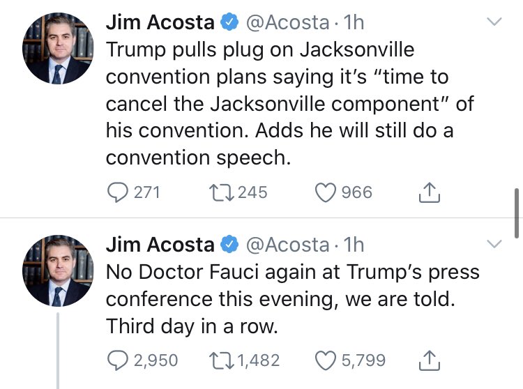 100/ At 5:16  @Acosta tweeted a common known thing. Namely, Fauci wont be at the briefing. He was not there the last 2 days so why would he be here today? Acosta sourced this safe guess as “we are told.”Odd. He was not told about a real news that was announced minutes later?