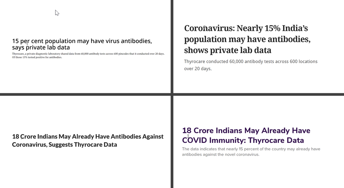 In our epidemiology course for journalists, I used this as example of selection bias & uncritical journalistic reporting.Here are a few headlines in Indian media screaming that 15% of Indians have antibodies against  #coronavirus and they have 'immunity'