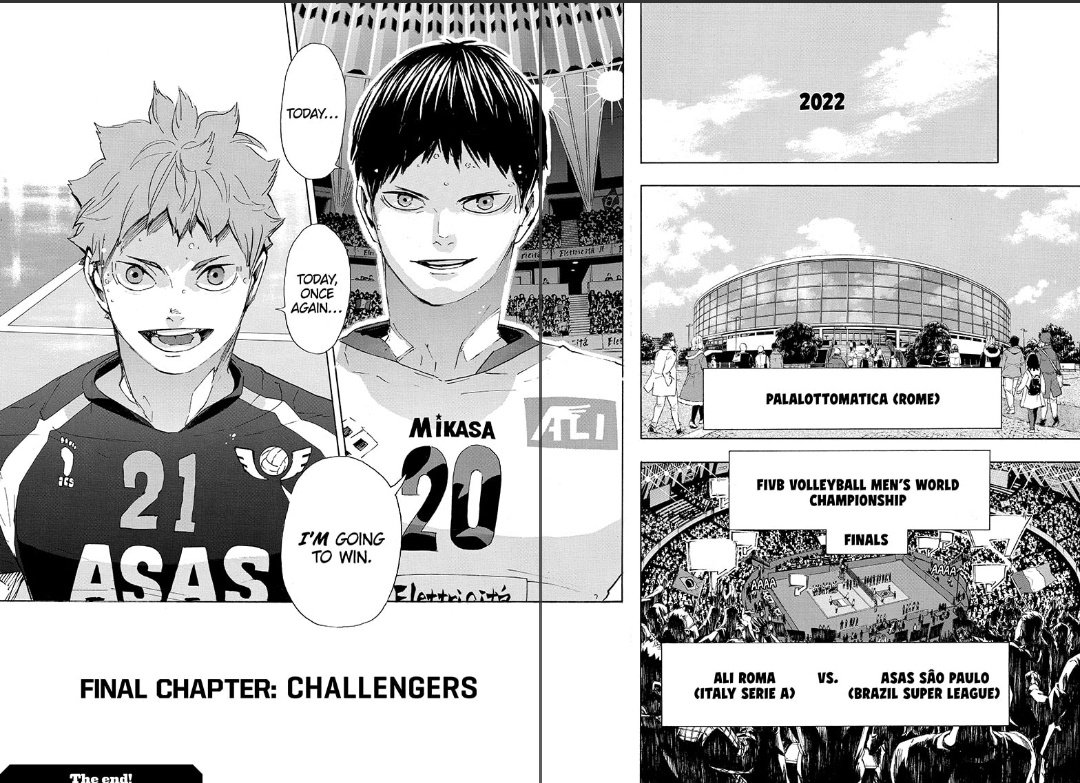 Haikyuu!!, la fin.Nouvelle ellipse, nouvelle époque.Nos héros continuent d'évoluer, et le destin aime jouer avec eux pour les faire se retrouver, encore une fois.Une annonce de victoire simultanée pour ce qui est sûrement l'un des plus beaux duos sportifs depuis longtemps.