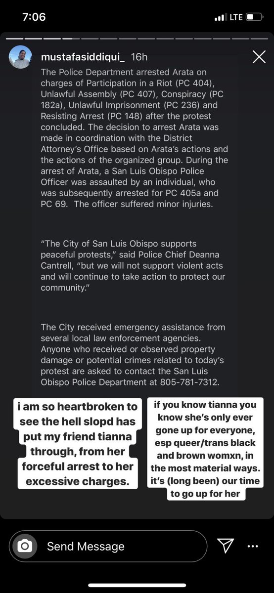 melanatedshawti's tweet photo. Tianna Arata is a young Black organizer who was ambushed by SLO PD after a protest she organized, arrested without her rights read, and charged with TWO felonies and 3 misdemeanors. Its bs. Her. Venmo is Tianna-Arata. She needs the funds to eat. PLEASE HELP MY FRIEND https://t.co/DG4NnELIEP