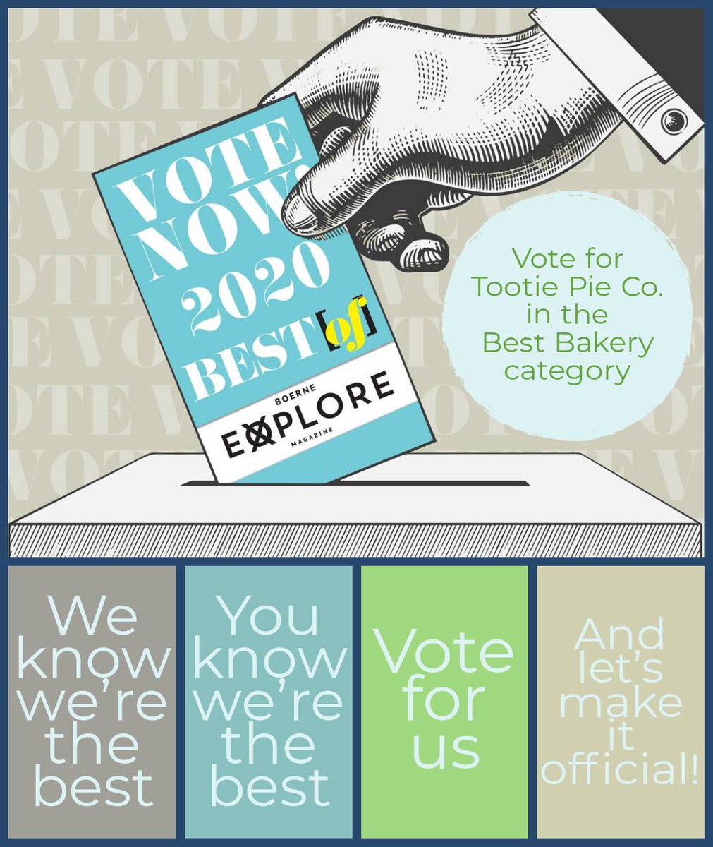 If you haven't voted for Tootie Pie, VOTE!

VOTE HERE -- Find us under BEST BAKERY -- kendallcountyinfo.com/explore/uncate…

If you have voted, SHARE!

and ONLY ONE VOTE PER PERSON!!

VOTING ENDS JULY 31 at 11:59pm!!!

Help Tootie Pie win Boerne and San Antonio's most coveted BEST OF award!!😃