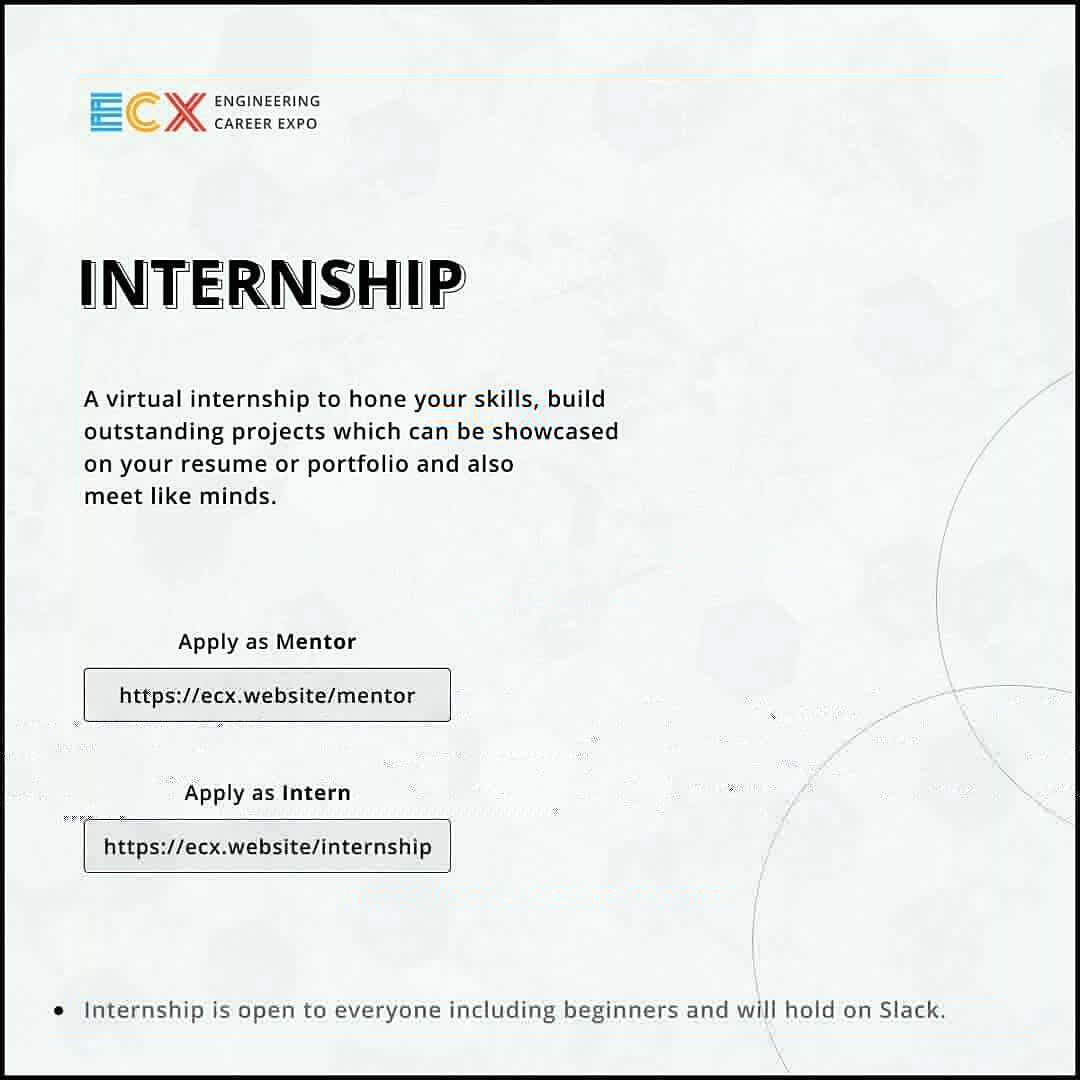 engcareerexpo's tweet photo. Apply as a Mentor: https://t.co/X7NyRq8szM
Apply as an Intern: https://t.co/sQa0ecYA8k
#ecxunilag #engineeringcareerexpo #ECXInternship #internship #virtualintership #slack #webdevelopment #contentwriting #MachineLearning #uiux #androiddevelopment #engineering #COVID19 https://t.co/LI24xbzoSO