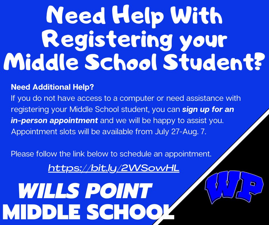 WillsPointMS's tweet photo. Wills Point Middle School registration will open Monday, July 27th! If you need additional help registering your Middle School Student, please follow the link to sign up for an in-person appointment.  Face masks required. 
 https://t.co/wQHi6sDVmV https://t.co/wtlA0MN54l