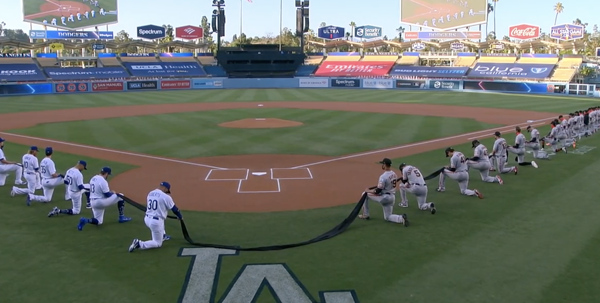 The Giants and Dodgers all took a knee together before the anthem. Several Giants have continued to kneel during the anthem, including manager Gabe Kapler: