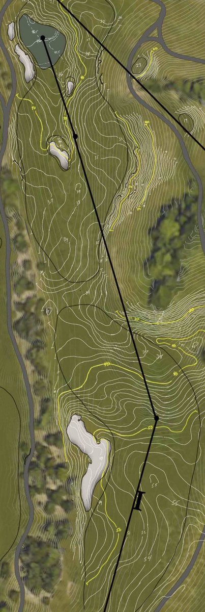 Our architect is polishing grading plans and this is a very cool way to study Lost Rail. 

Take No. 1, a fantastic par 5 atop the ridge. Notice the precision needed to reach in two. Missing right of the green leaves a fun but awkward pitch.