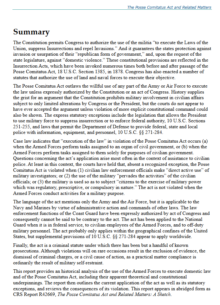 READ Congressional Research Service #CRS REPORT: "The #PosseComitatusAct &amp; Related Matters: The Use of the US Military to Execute Civilian Law (Enforcement aka 'Posse Comitatus')" HERE: everycrsreport.com/files/20181106…
#TrumpINvasion #BarrGoons #TrumpCoup #TrumpDictatorship 
h/t <a href="/DenbrotS/">Dennis S Brotman 🇺🇸 🟧🟦 #DemCast #DemCastGA ☮️</a>
