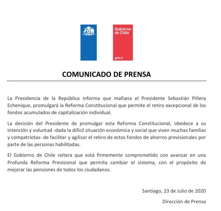 FyFLive_CL's tweet photo. ¡Excelente noticia para miles de chilenos!

#Mi10xCientoAhora
La reforma constitucional que permite el retiro excepcional de los fondos previsionales será promulgada mañana. Así lo informó hace unos momentos la Dirección de Prensa de la Presidencia. https://t.co/XmVTNFCYwB
