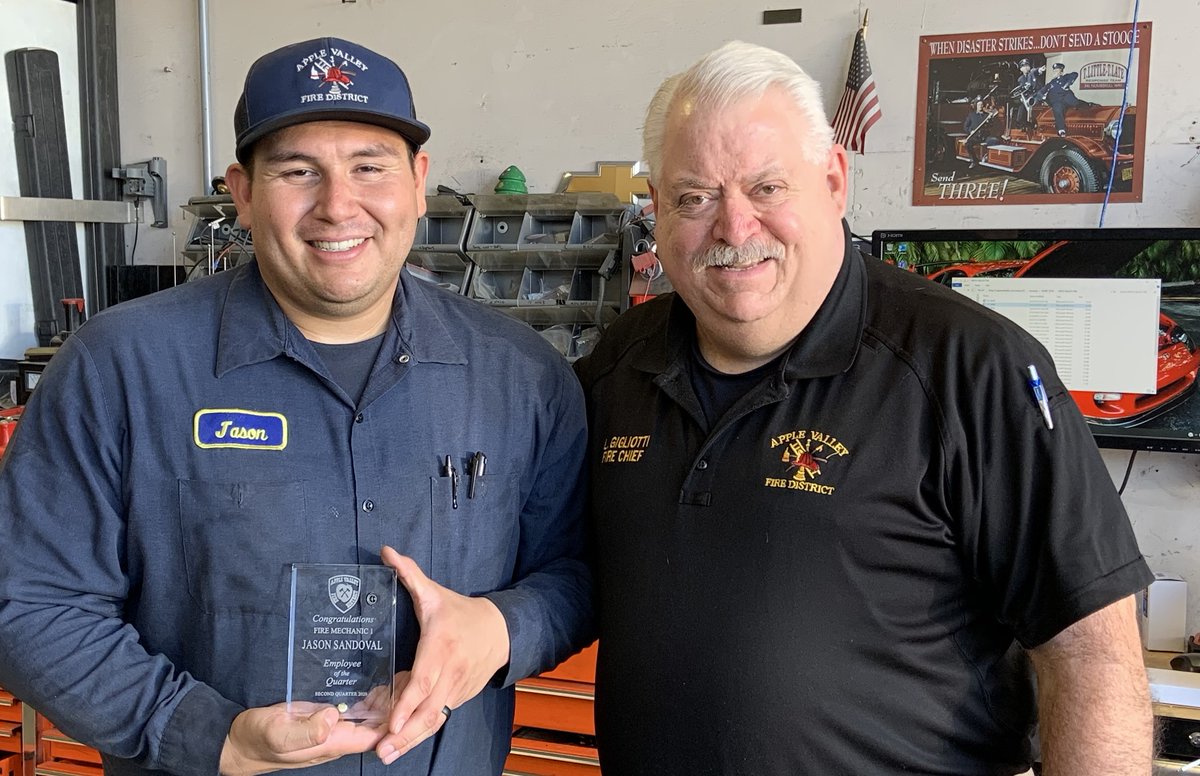 Recognizing those who keep us operational.  Congratulations to Apple Valley Fire District Fire Mechanic Jason Sandoval, Employee of the Quarter (Second Quarter).  Keep up the great work!