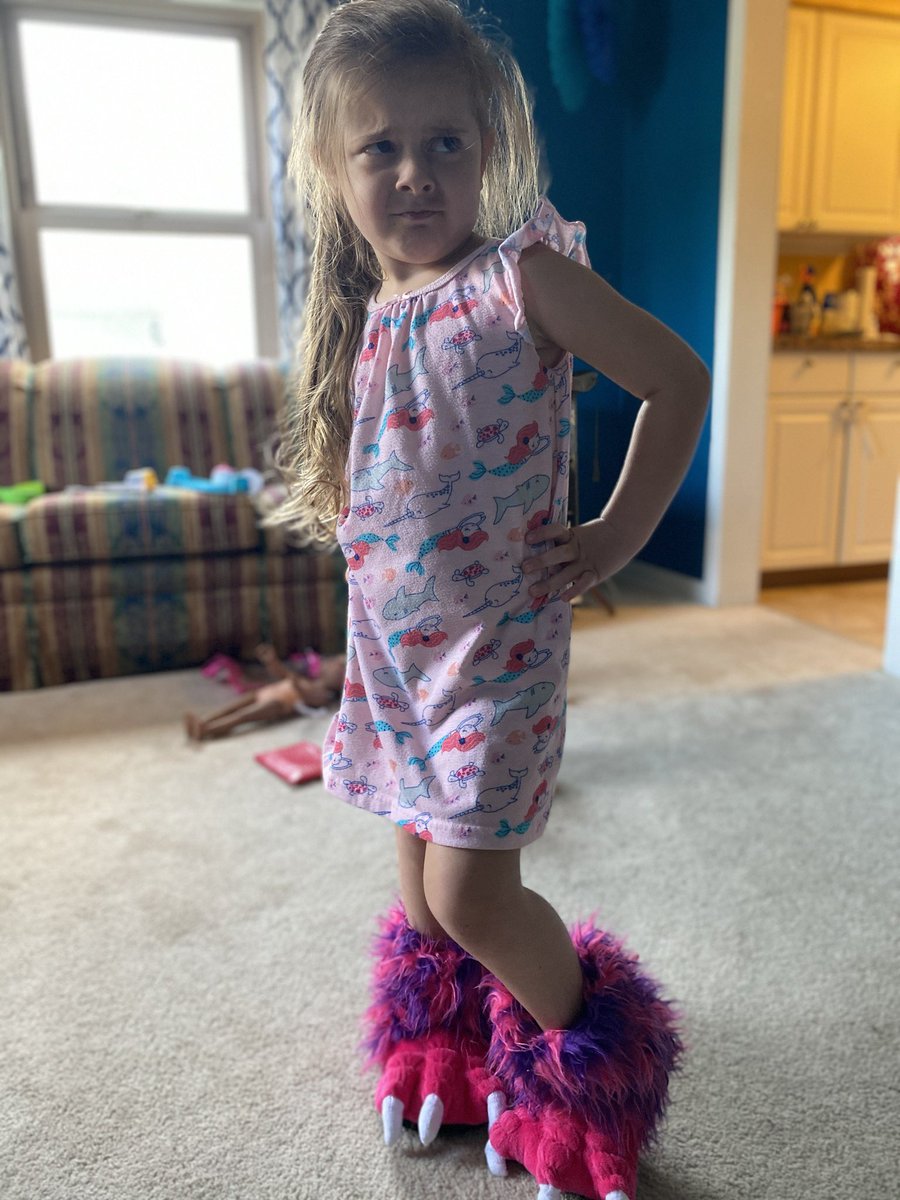 ccapasso's tweet photo. Put on her monster slippers and this was her monster face. https://t.co/Scd6kXr1hu