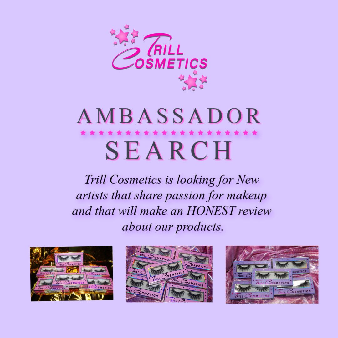 TRILLCOSMETICS's tweet photo. What we are looking for:
1.Follow @Trill Cosmetics 
2. Repost this on your story or feed.
3. Must be active on social media
4.Must tag 3 friends. 
We will be selecting a TOTAL of 5 Ambassadors EACH month, so don't get discouraged if you are not picked. https://t.co/7nhnT97ndm