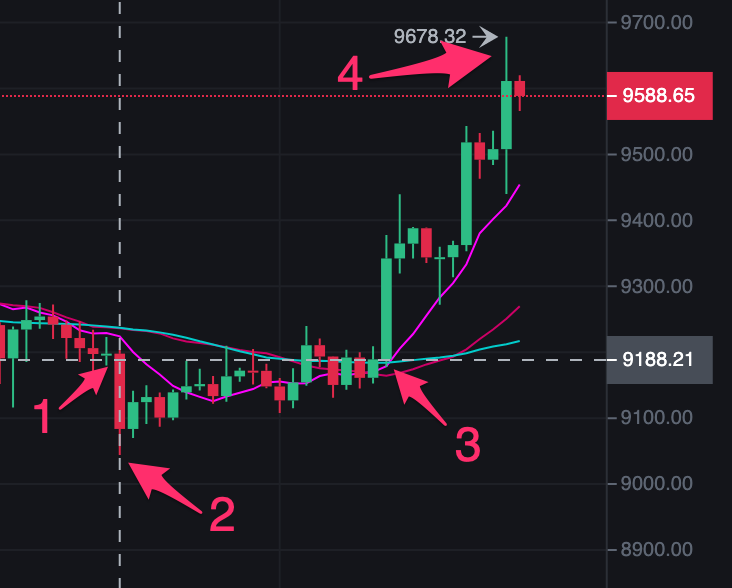 honeypathai's tweet photo. When you enter a short position $BTC at 1 and doesn't exit at 2, still have a chance to exit profitably until 3 - but still holding to see it bleeding and often liquidate at 4! #BadShort #bigShort #cryptocurrency https://t.co/KtkPYEumbU