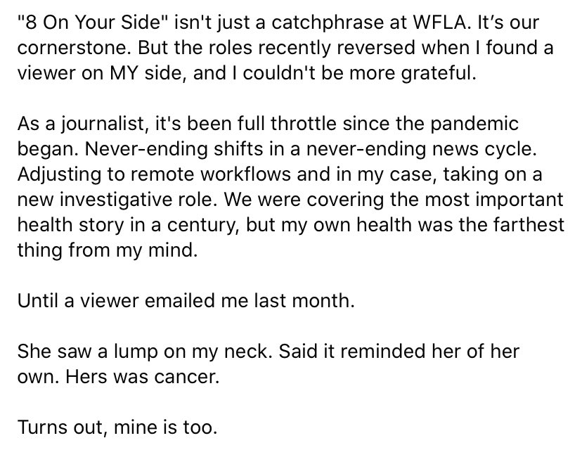 victoriapricetv's tweet photo. A bit of ~personal news~ to share. 

Turns out, I have cancer. And I owe it to one of our wonderful @WFLA viewers for bringing it to my attention. 

I’ll be off work for a bit after tomorrow, but I’ll see y’all soon 🥰 https://t.co/UMsoj2SjtM