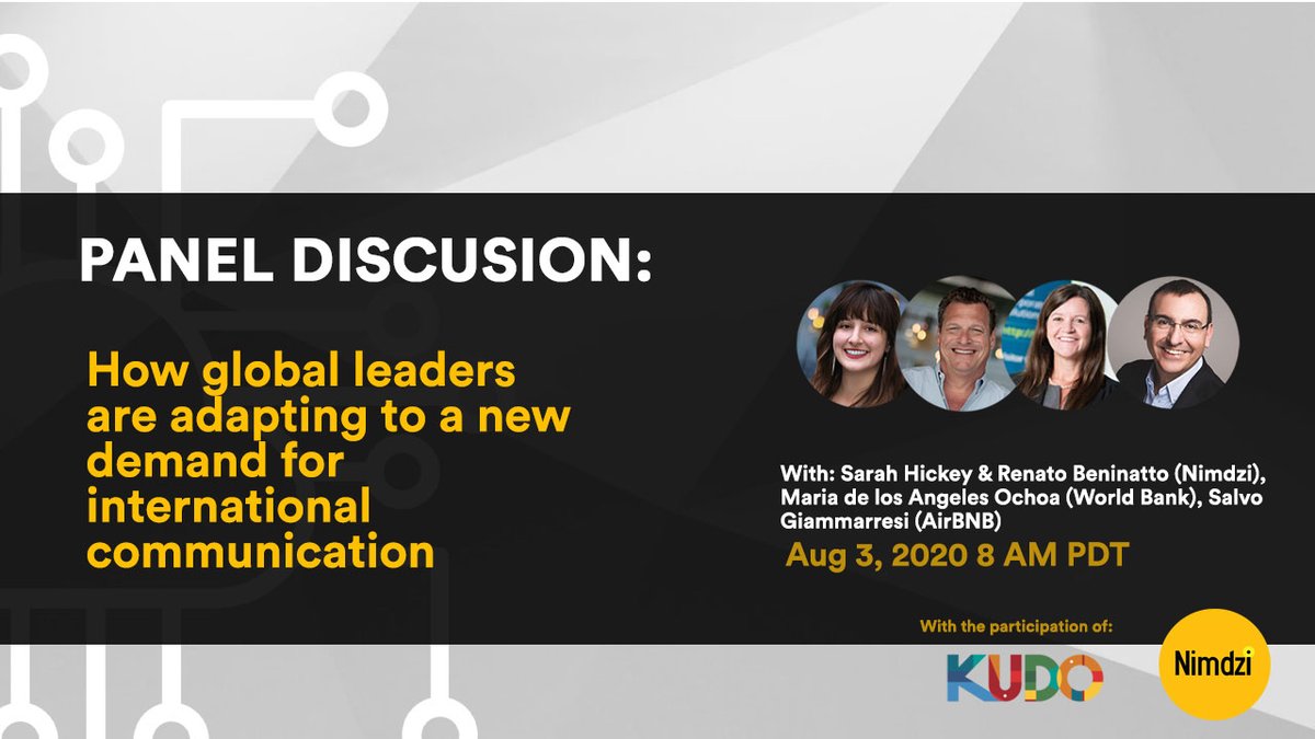 Nimdzi_Insights's tweet photo. Save the date. We're hosting a panel discussion looking at how the world is adapting to a growing need for #multilingual communication. We'll be hearing from @Airbnb, @WorldBank and @Nimdzi_Insights experts with live @KUDOway interpreting. Aug 3, 2020. 8 AM PDT. More info coming! https://t.co/RXBWLg8nOk
