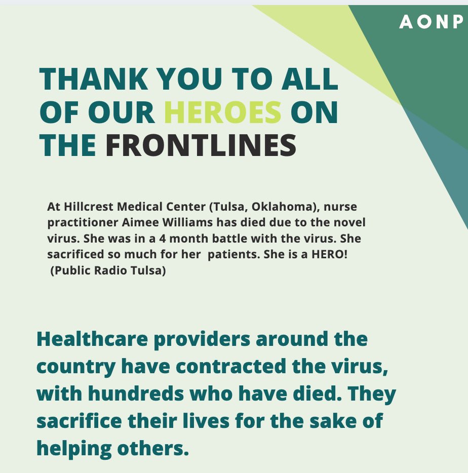We want to thank all the healthcare workers on the frontlines! 

BE AWARE AND FOLLOW THE GUIDELINES IN PLACE TO HELP BETTER THE WELL BEING OF NOT ONLY YOURSELF BUT OTHERS! 

In rememberence of Aimee Williams 💚
A strong nurse practitioner, who put herself before others!