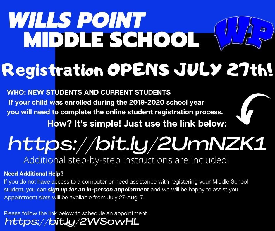 WillsPointMS's tweet photo. Wills Point Middle School Registration will open Monday, July 27th!  For additional information, please see the flyers. 
 https://t.co/2JD9QkQF1s
Get registered! https://t.co/uXsiSEFTbp