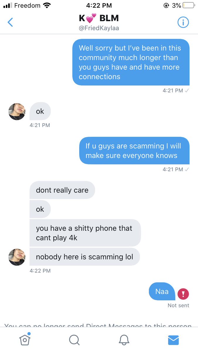 SCAM ALTERT
Everyone be aware that these 2 accounts @gassyykitty and <a href="/FriedKaylaa/">K💕🪵💨</a> are both 1 person scamming.
Info below: