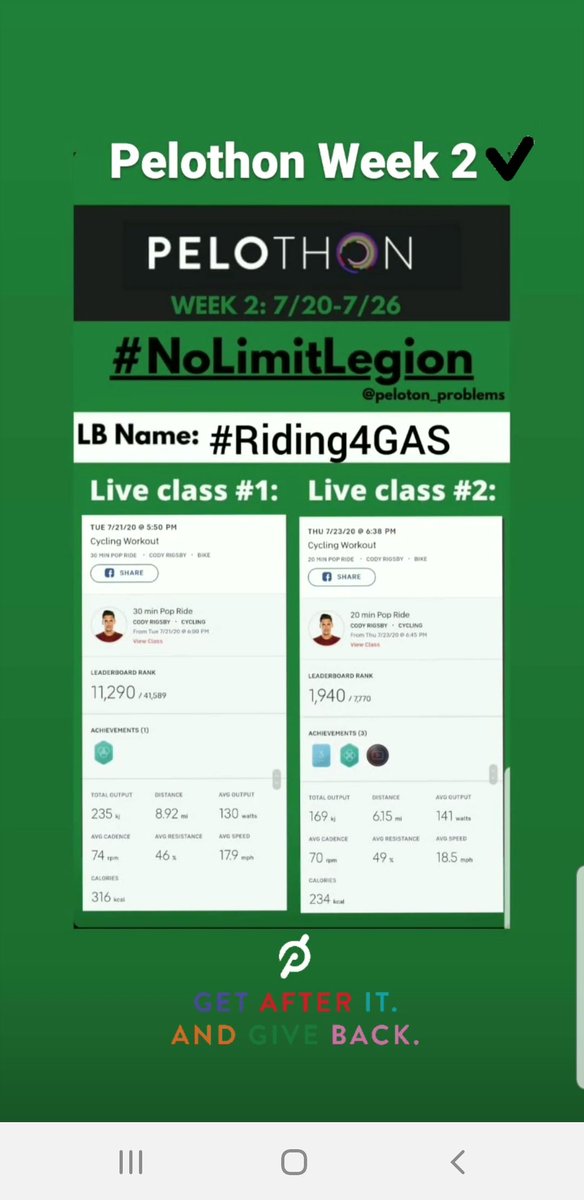 CarrieH0710's tweet photo. Week 2 of Pelothon in the books!!

#peloton #pelothon #NoLimitLegion https://t.co/zfXGqJ5Rm4