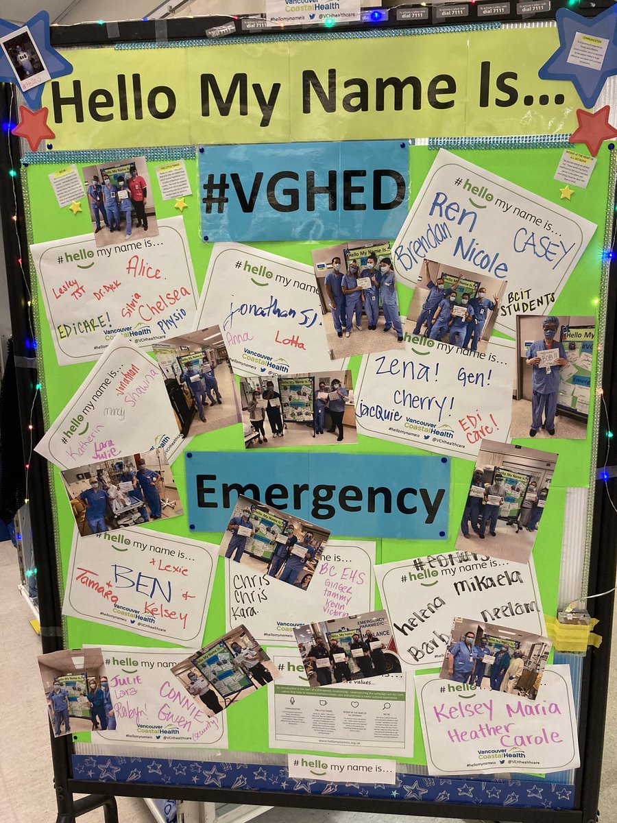 emergjulie's tweet photo. Today is International #hellomynameis Day. The team at #VGHED will work to maintain that human connection. Behind the mask is a smile! #Covid_19 #compassionatecare @VCHhealthcare https://t.co/rUEvtGzhDc