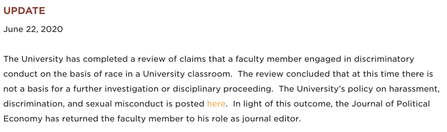 Shortly after, the  @JPolEcon placed  @haralduhlig on leave, pending an investigation; but that investigation was about the classroom behavior recounted by  @bocar_a, not in response to the letter. (Nine days later, the investigation was concluded and he was reinstated.)