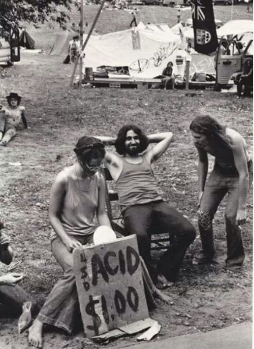 60psyche's tweet image. woodstock acid sell less expensive than some drink or food 
1969