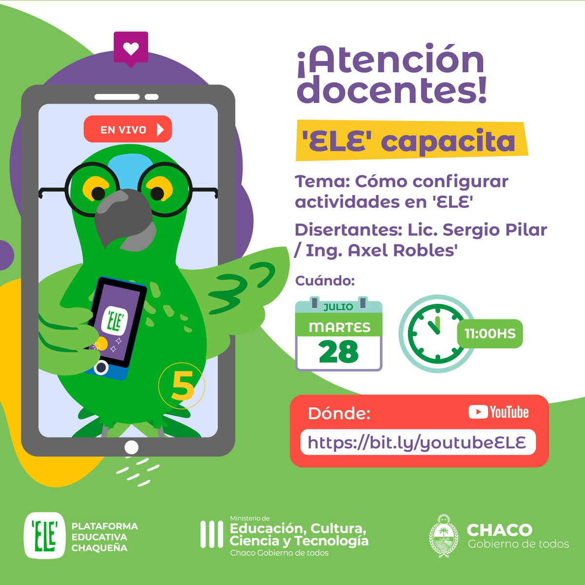 ELEChaco's tweet photo. Agendate el #VIVO5 de 'ELE' Capacita este martes 28 a las 11 hs, vamos a aprender cómo configurar actividades en la plataforma educativa.
Conectate desde https://t.co/B65aKhBum9 y ¡no te olvides de suscribirte al canal!
¡Te esperamos para seguir aprendiendo juntos! https://t.co/hSkNado764