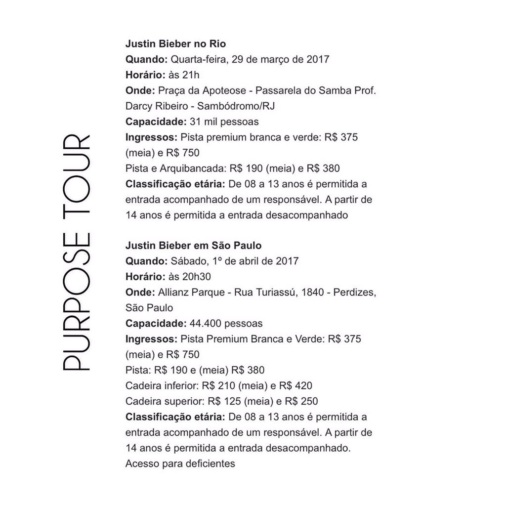 biebernovidade's tweet photo. O pessoal do Justin Bieber Support no Instagram fez uma publicação mostrando os valores das turnês anteriores do Justin no Brasil, decidimos postar aqui pra vocês já preparem o bolso pra “Justin Bieber World Tour”. https://t.co/z17TkRc9lX