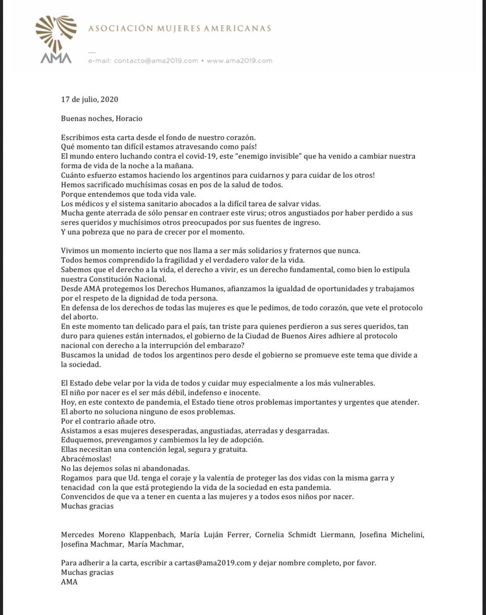 Compartimos carta de la asociación AMA para recolectar firmas para vetar la adhesión de la Legislatura Porteña al protocolo de aborto. Súmate a la carta, seamos millones! 
forms.gle/yBVo8kiK4BdKea…

#LarretaVetaElAborto