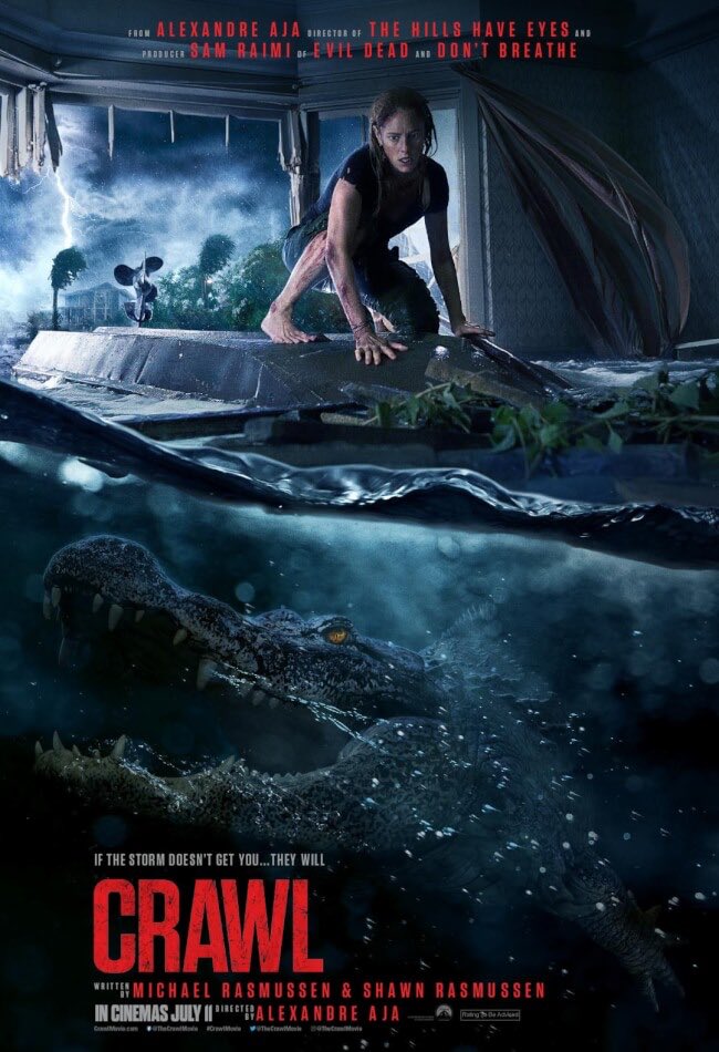 Crawl is a 2019 disaster horror film. It stars Kaya Scodelario and Barry Pepper as a daughter and father, who along with their dog, are hunted by alligators after becoming trapped in their home during a Category 5 hurricane in Florida.