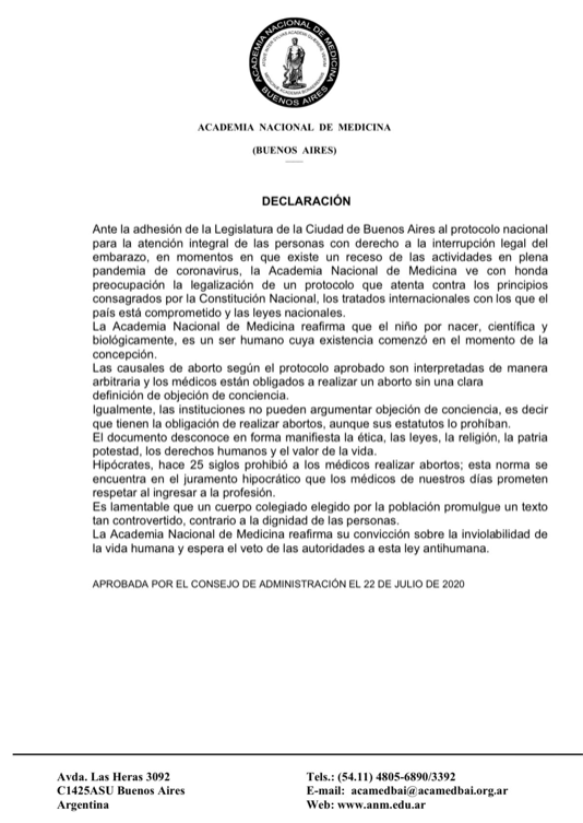 GustavoMajstruk's tweet photo. La Academia Nacional de Medicina volvió a manifestarse contra el aborto y "reafirma su convicción sobre la inviolabilidad de la vida humana y espera el veto de las autoridades a esta ley antihumana" #protocoloILEgal https://t.co/C2AYWJtSyc