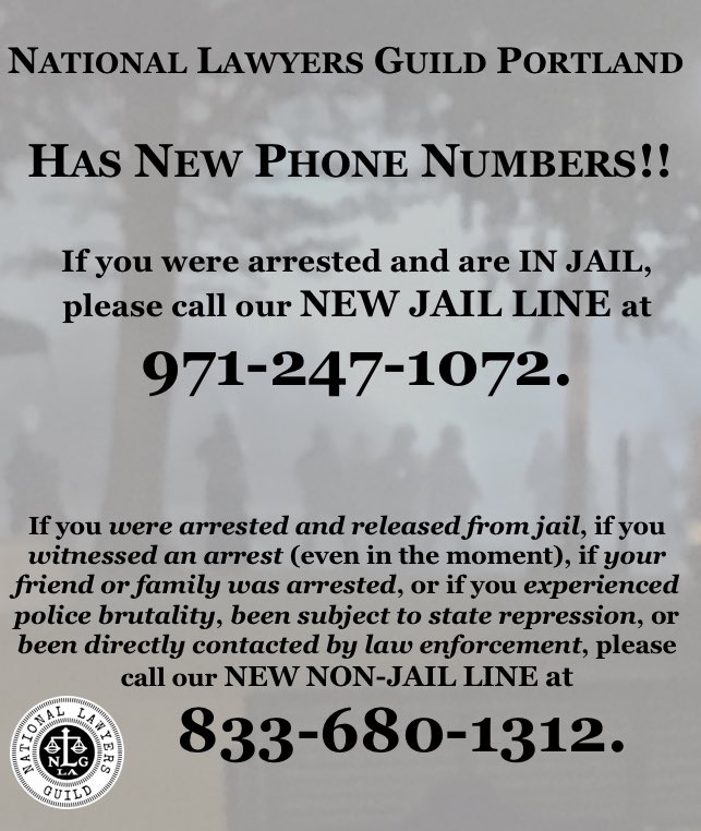 NLG_Portland's tweet photo. The other number, 833-680-1312, should be used when you are out of police custody, to report that your friend has been arrested, or if you witness or experience state violence. Thank you for working with us through this transition! See you in the streets. 💚 https://t.co/vitEyFVw3v