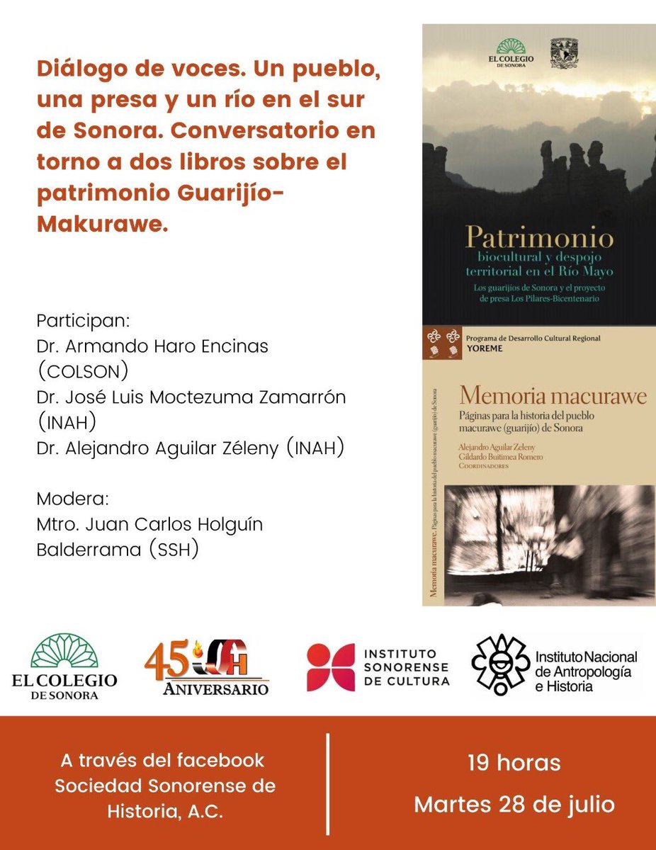Sobre el patrimonio Guarijío-Makurawe se realizará un conversatorio en el que participará el doctor Armando Haro Encinas, este próximo martes 28 de julio. Se transmitirá a través de la página de la <a href="/SSHistoria/">Sociedad Sonorense H</a> Te invitamos a estar pendiente